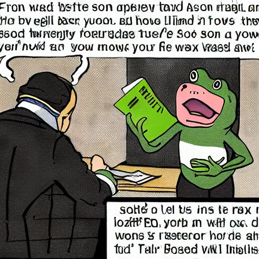 Prompt: frog son learns how to do his taxes colorized archival footage