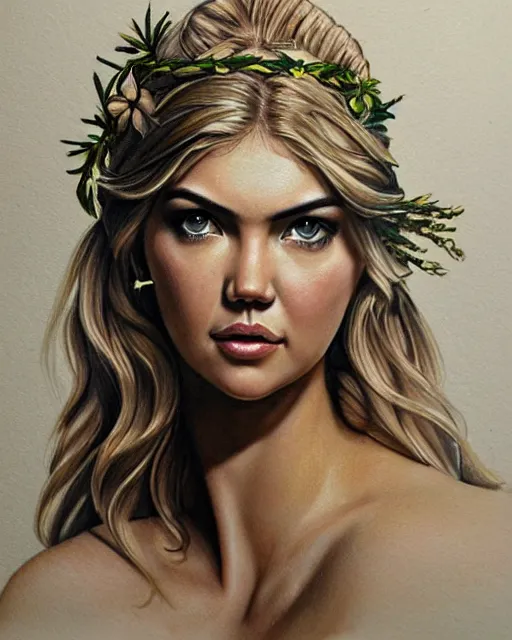 Image similar to realism tattoo sketch of kate upton as a beautiful greek goddess aphrodite with piercing eyes wearing a laurel wreath and triangle earrings, in the style of greg rutkowski, amazing detail
