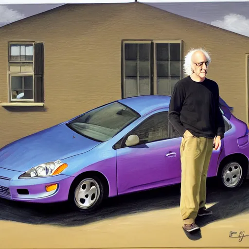 Prompt: larry david standing on roof of 2009 prius, worhol painting, painting