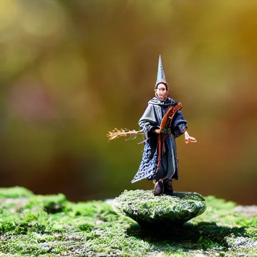 Prompt: dnd miniature of a wizard standing on a grassy plinth with a model tree in the background, depth of field, dslr, 8k, hand painted