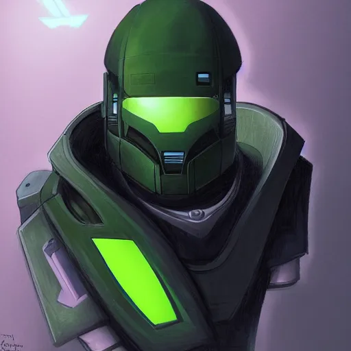 Prompt: self portrait of a robot raven. Full body with hooded cape, visor, green body armor, digital art, realistic, ultradetailed, concept art in the style of Halo, art by Michael Whelan, trending on artstation, devianart, cgsociety