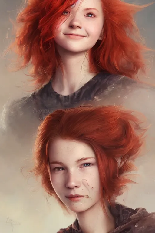 Image similar to ultra realistic style illustration of a cute red haired old teen smiling, 1 9 year old, headshot, sci - fi, fantasy, intricate, elegant, digital painting, artstation, concept art, smooth, sharp focus, illustration, 8 k frostbite 3 engine, ultra detailed, art by artgerm and greg rutkowski and magali villeneuve