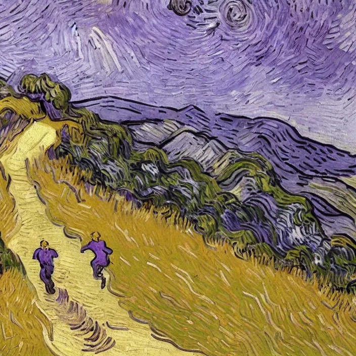 Prompt: woman with brown hair running up a hill, purple colors, painting by van gogh