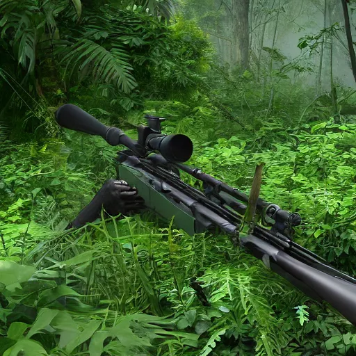Prompt: camouflaged sniper hidden in jungle bushes aiming, dense foliage, trending on artstation, 4 k, hyperrealistic,