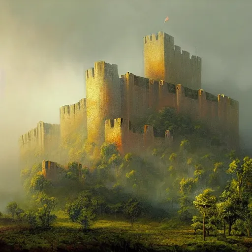 Prompt: fortress in the misty woods, crisp, clear, matte oil painting, darrell k sweet, wallpaper