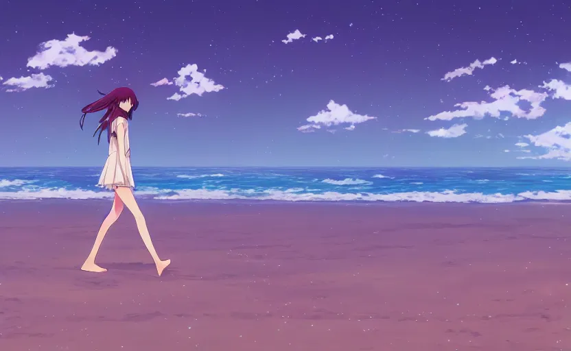 Prompt: An anime girl walking barefoot through the sand on a beach alone, anime scenery by Makoto Shinkai, digital art