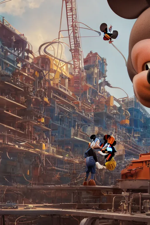 Image similar to workers / mechanic working on mickey mouse giant head, low cinematic lighting, front lit, beeple, cgsociety, unreal engine, octane render, trending on art station, highly detailed 4 k art, intricate, hyperr realistic