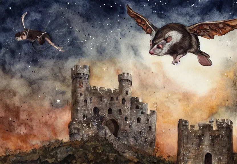 Image similar to winged possum flying over a medieval castle under a dark starred sky, dark fantasy, watercolor, dreaming illusion, highly detailed, 4k, trending on Artstation, award-winning