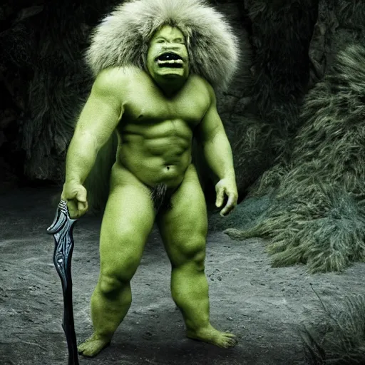 Image similar to still from a movie with cutting edge practical effects, giant humanoid troll with light green skin and big nose, burly, wearing long fur toga and holding sword, highly textured, fantasy, D&D, HDR, dramatic light, in alpine setting with mastadons in the background, wide angle shot, shallow depth of field, dynamic pose, award winning photograph!