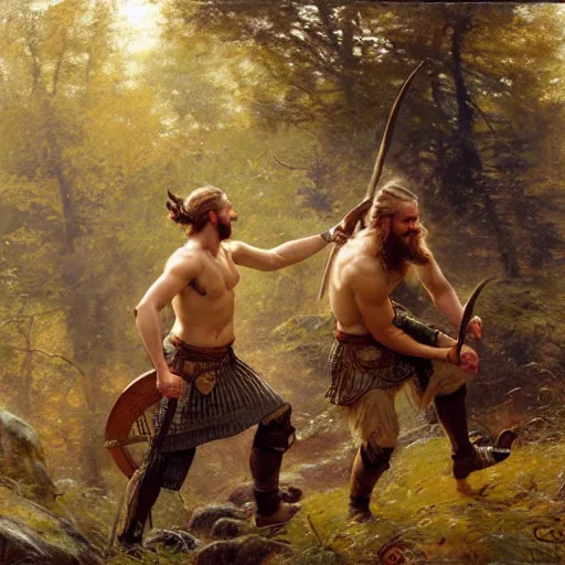 Image similar to 2 attractive male vikings frolicking in the forest. highly detailed painting by gaston bussiere, craig mullins, j. c. leyendecker, 8 k