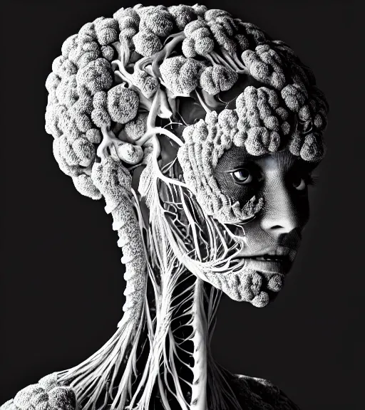 Image similar to a black and white high quality photo of a young beautiful female queen-vegetal-dragon-cyborg bust with a very long neck and Mandelbrot fractal face, Mandelbrot fractal skin, flesh, anatomical, facial muscles, veins, arteries, elegant, highly detailed, flesh highly baroque ornate, hair are wired cables, elegant, high fashion, rim light, octane render, in the style of Cindy Sherman, Realistic, Refined, Digital Art, Highly Detailed, Cinematic Lighting, rim light, black and white, photo-realistic, 8K