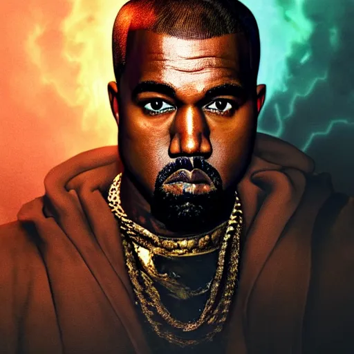 Image similar to Portrait of Kanye West as the god-emperor of mankind, amazing splashscreen artwork, splash art, natural light, elegant, intricate, fantasy, atmospheric lighting, cinematic, matte painting