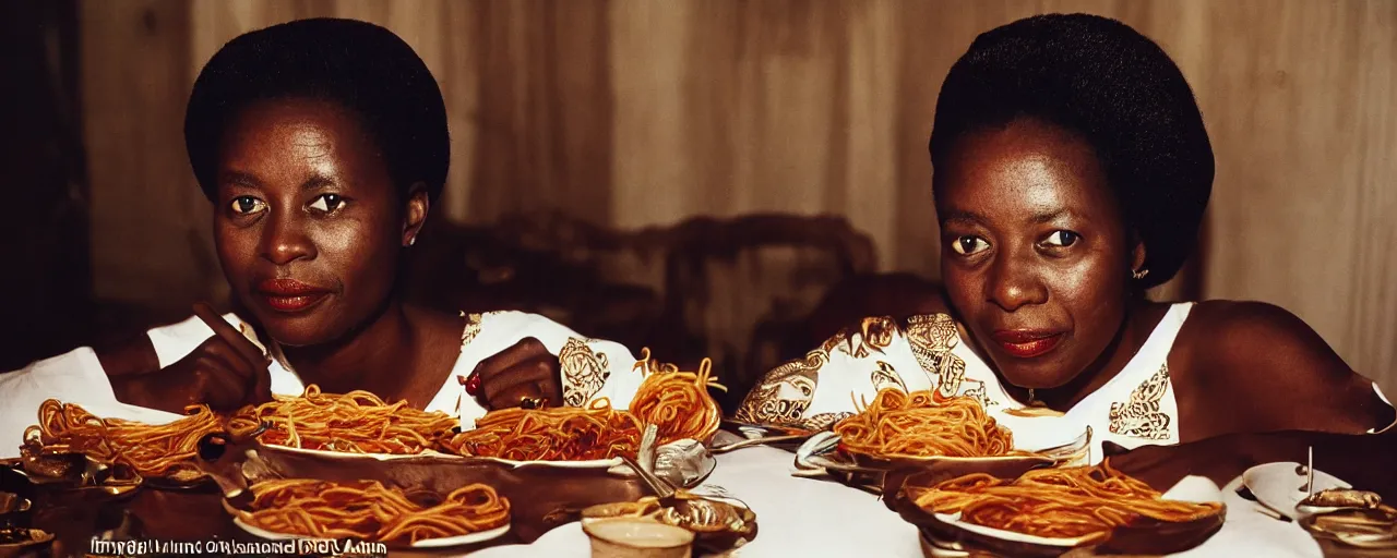 Image similar to queen nzinga mbande of angola, enjoying a feast of spaghetti, in the style of diane arbus, canon 5 0 mm, kodachrome, retro