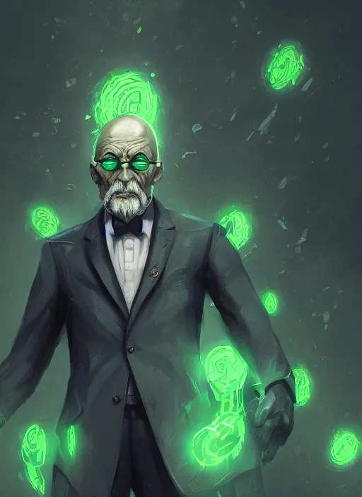 Prompt: a highly detailed illustration of bald old man wearing suit with green glowing eyes, dramatic standing pose, nuclear background, intricate, elegant, highly detailed, centered, digital painting, artstation, concept art, smooth, sharp focus, league of legends concept art, wlop.