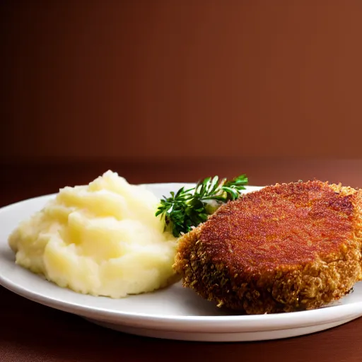 Prompt: mashed potatos and cutlet on a plate, studio light, restaurant background, cinematic, bokeh, hyperrealistic photo, 8k, feel of depth
