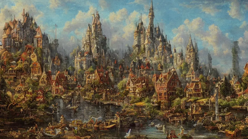 Image similar to an old enchanted fantasy town, viewed from the harbor, by jean - baptist monge,