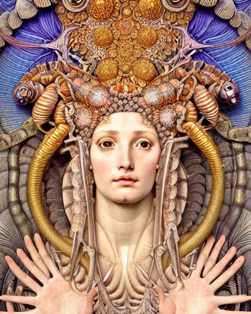 Image similar to hyperrealistic detailed face portrait of the beautiful goddess of the giant isopods with an intricate golden ornamental geometrical fractal giant isopod masked headdress, art by ernst haeckel, john william godward, android jones, alphonso mucha, h. r. giger, gothic - cyberpunk, ornamental, dimmed pastel colours,