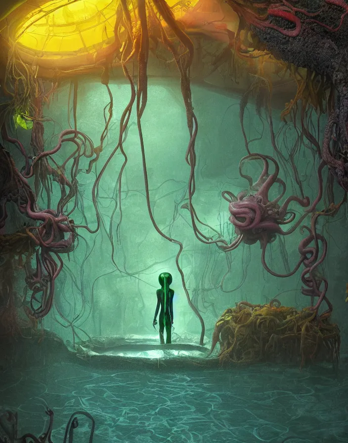 Prompt: a eerie alien standing in a florescent swimming pool room, tentacles and fungus growing out of pool, swampy atmosphere, ambient lighting, vibrant colors, matte painting, highly detailed, by Jared Pike,