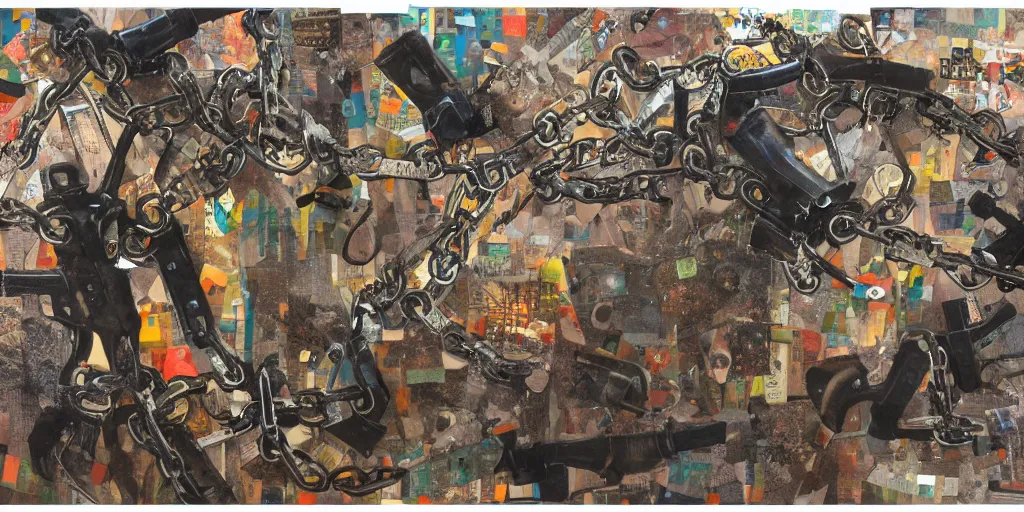 Prompt: guns and chain, collage, acrylic on canvas, expressionism movement, breathtaking detailed, by blake neubert