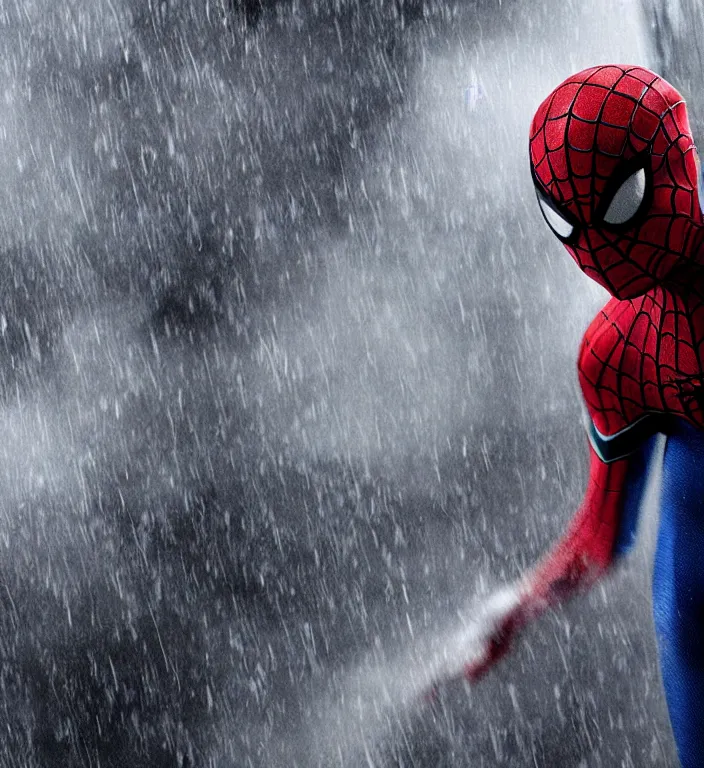 Image similar to cinematic of tobey maguire as spiderman, dramatic rain, 8 k