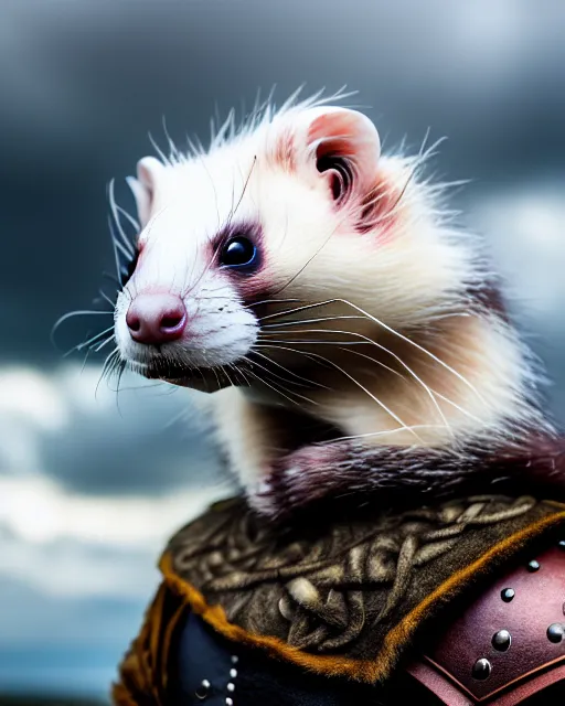 Image similar to ferret warrior, furry, fantasy, viking, high detailed, photography, cloudy, lightweight leather armour, scandinavia, plain, detailed face, look into the distance, serious face, full body, in full growth, professional photographer, masterpiece, 5 0 mm, extremely detailed, 8 k