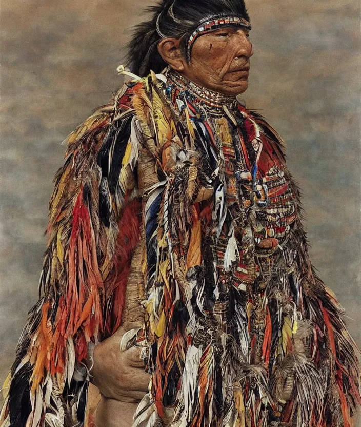 Prompt: full body shot picture of indigenous people, painted by lucian freud, intricate costume design, beautiful feathers, hd, super detailed, realistic, vivid, inspiring