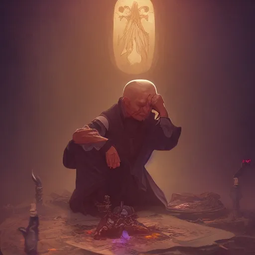 Prompt: an old necromancer kneeling down and sobbing trying to resurrect his dead friend, artstation, Grim fantasy,emotional, EOS R5, f/2.5 , illustration , concept art, award winning photograph, 8k, Alphonse Mucha style,