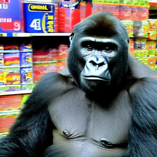 Image similar to photo of gorilla in walmart, cell phone camera, zoom,