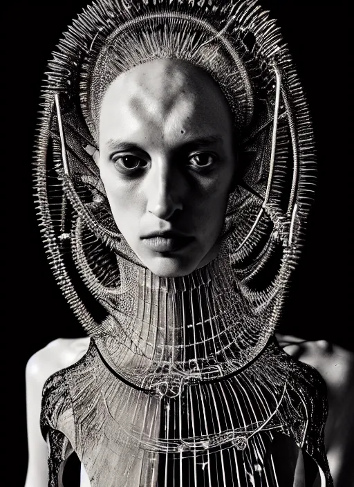 Image similar to walking down the catwalk, steven klein, show, stage, vogue photo, podium, fashion show photo, historical baroque dress, iris van herpen, beautiful woman, full body shot, masterpiece, intricate, wires, veins, jellyfishs, biopunk, guyver, highly detailed