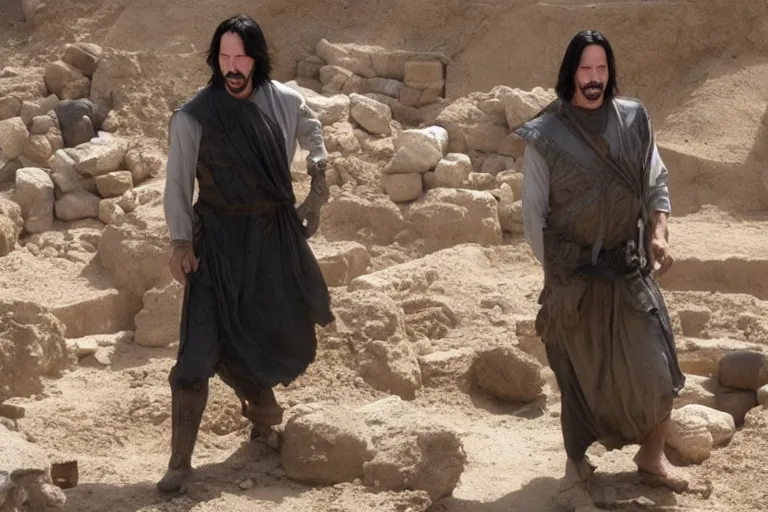 Image similar to film still of keanu reeves wearing an archaeological outfit sifting material at an ancient egyptian archaeological digsite