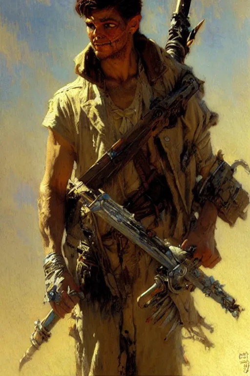 Prompt: attractive male, post - apocalyptic, painting by gaston bussiere, craig mullins, j. c. leyendecker