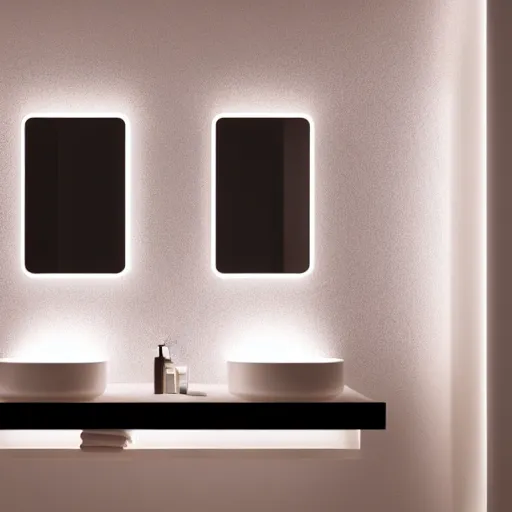 Image similar to bathroom with warm white led strip lighting, photorealistic, product render