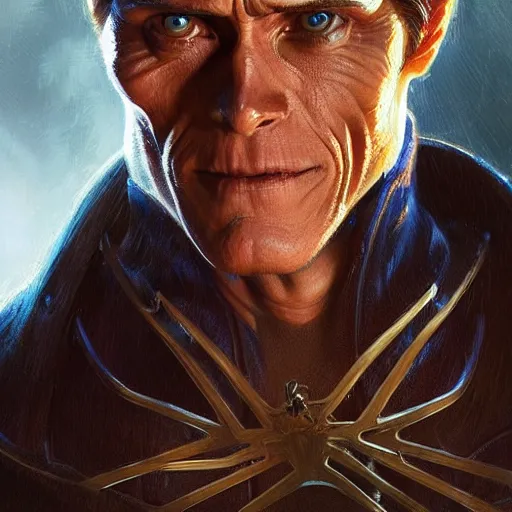 Image similar to handsome Willem Dafoe as Spider-Man, western, D&D, fantasy, intricate, elegant, highly detailed, digital painting, artstation, concept art, matte, sharp focus, illustration, art by Artgerm and Greg Rutkowski and Alphonse Mucha