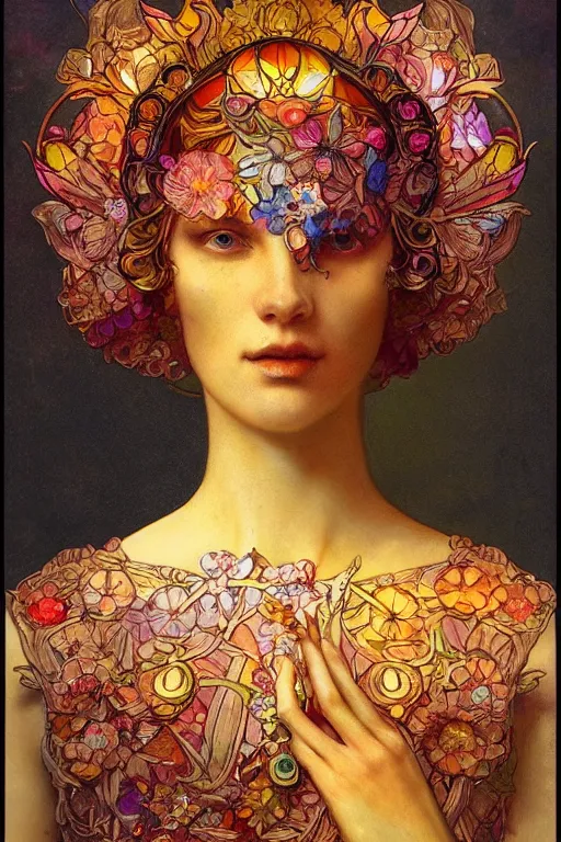 Prompt: flower made out of stained fractured glass, art nouveau, bright colors, intricate, highly detailed, elegant, sun shining through, sharp focus, art by rembrandt, tom bagshaw, and quentin mabille, artstation