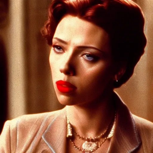 Image similar to Still of scarlet johansson from the GodFather(1980),8k photography