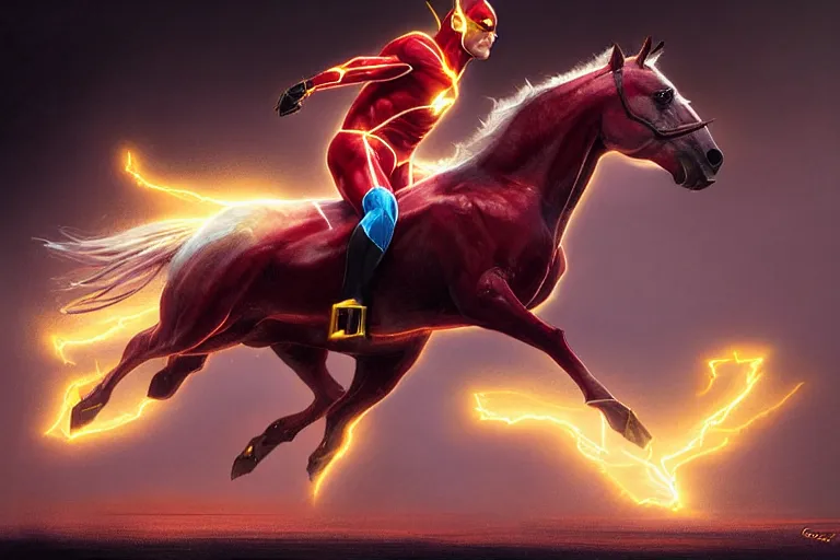 Image similar to a stunning digital painting of a horse as the flash in spandex costume, running in the speedforce by greg rutkowski, volumetric light, digital art, fine detail, photorealistic