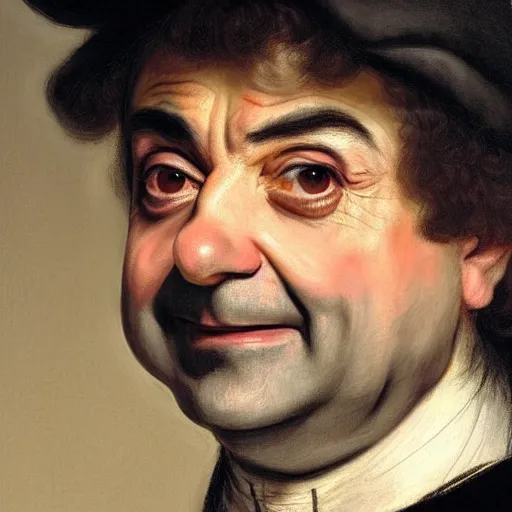 Prompt: a very detailed portrait of rowan atkinson smiling, art by rembrandt