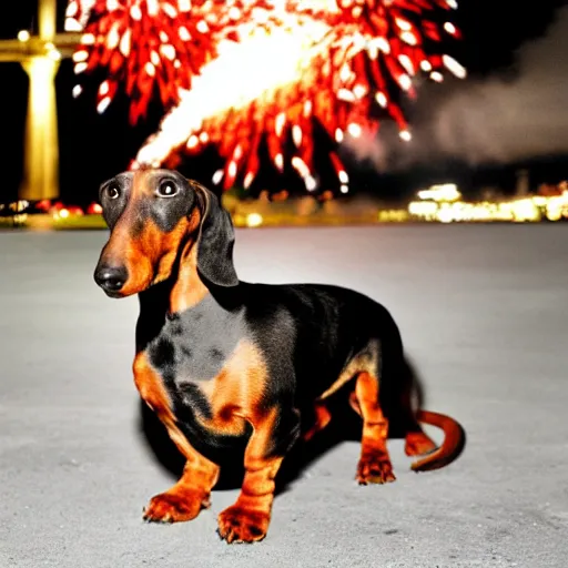 Image similar to a Dachshund as a dragon destroying new york city during 4th of July fireworks