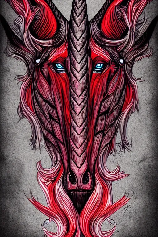 Image similar to evil unicorn, symmetrical, highly detailed, digital art, sharp focus, trending on art station, red and black