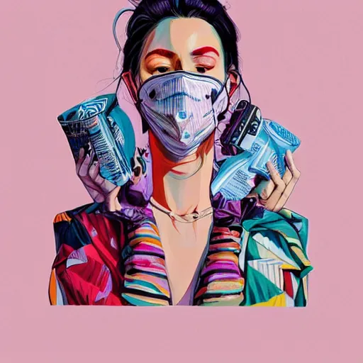 Image similar to Fashion weak portrait of people with sanitary mask, Tristan Eaton, artgerm, Victo Ngai, RHADS, ross draws