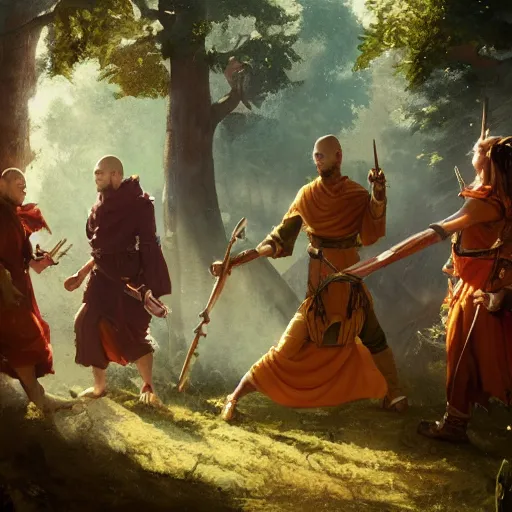 Image similar to 'A monk, bard, druid and a paladin are fighting together in the woods, art by Greg Rutkowski, 4k'