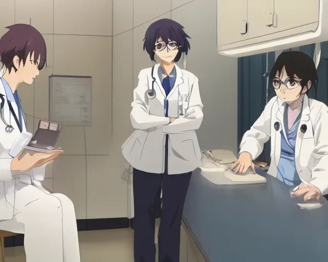 Prompt: a cute young female doctor wearing white coat are talking with an old surgeon in a clinic, slice of life anime, lighting, anime scenery by Makoto shinkai