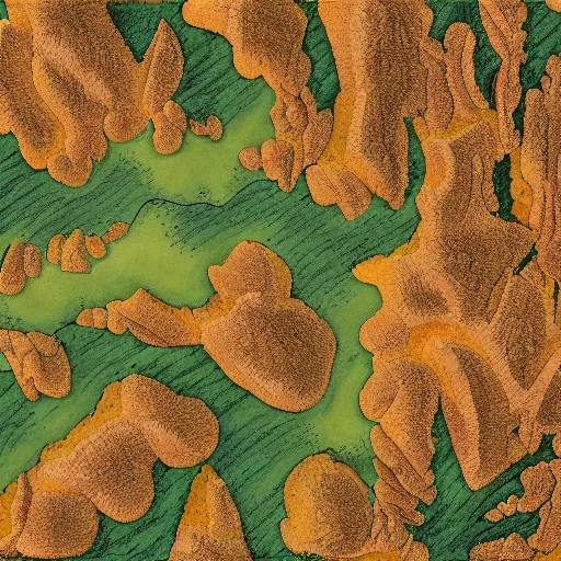 Image similar to a view of a forest on a topographical map painted in the style of michael menzel