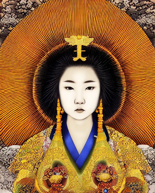 Image similar to hyper realistic portrait photo of ameterasu the sun goddess of japan, portrait shot, intricate detail