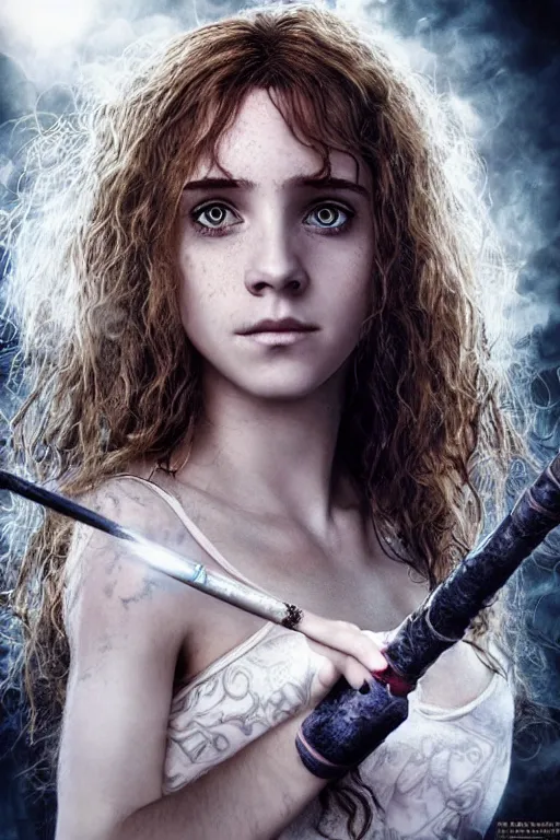 Image similar to dressed Hermione Granger in tattoos with a magic wand, by luis royo, beautiful eyes, by Aggi Erguna, top cinematic lighting, cinematic mood, hyperrealism, high detail