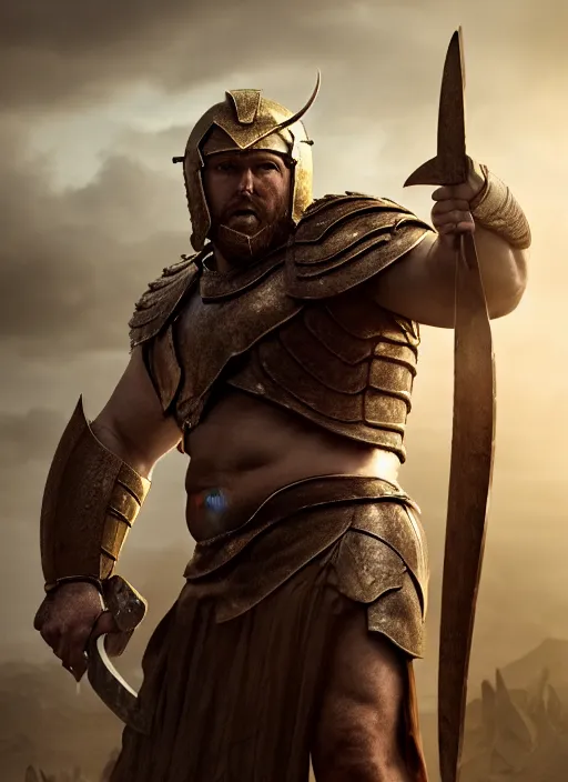 Image similar to full body hyper realistic illustration of Ibai Llanos as a spartan hoplite hero, big guy and big belly, perfect facial symmetry + dim volumetric lighting, 8k octane beautifully detailed render, post-processing, extremely hyperdetailed, intricate, epic composition, grim yet sparkling atmosphere, cinematic lighting + masterpiece, trending on artstation