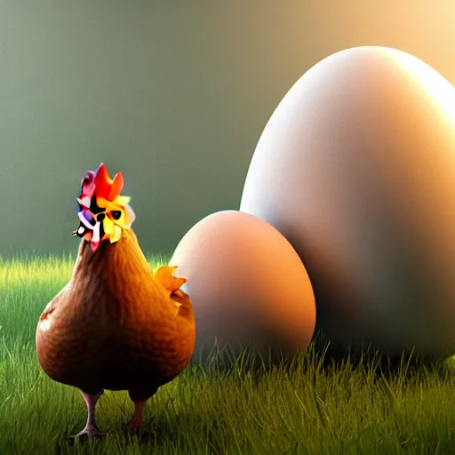 Prompt: chicken protecting very large egg, hyper realistic, trending artstation, award winning photo, volumetric lighting