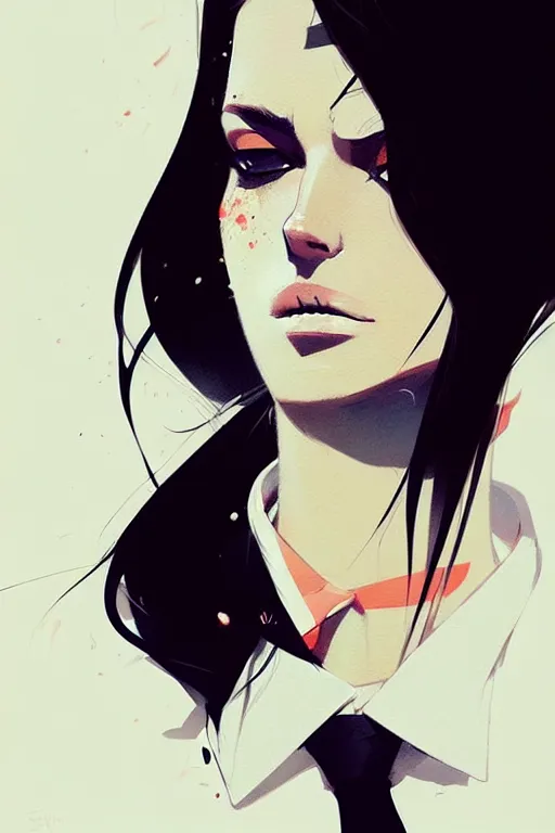 Image similar to a ultradetailed beautiful panting of a stylish woman, she is wearing a white shirt with a tie and black pants, by conrad roset, greg rutkowski and makoto shinkai trending on artstation