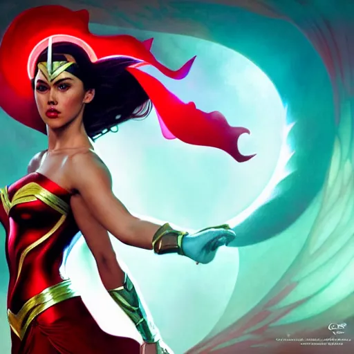 Image similar to catriona gray as darna, volumetric lights, red and cyan theme, art nouveau botanicals, intricate, highly detailed, digital painting, artstation, concept art, smooth, sharp focus, cinematic, illustration, beautiful face, art by artgerm and greg rutkowski and alphonse mucha