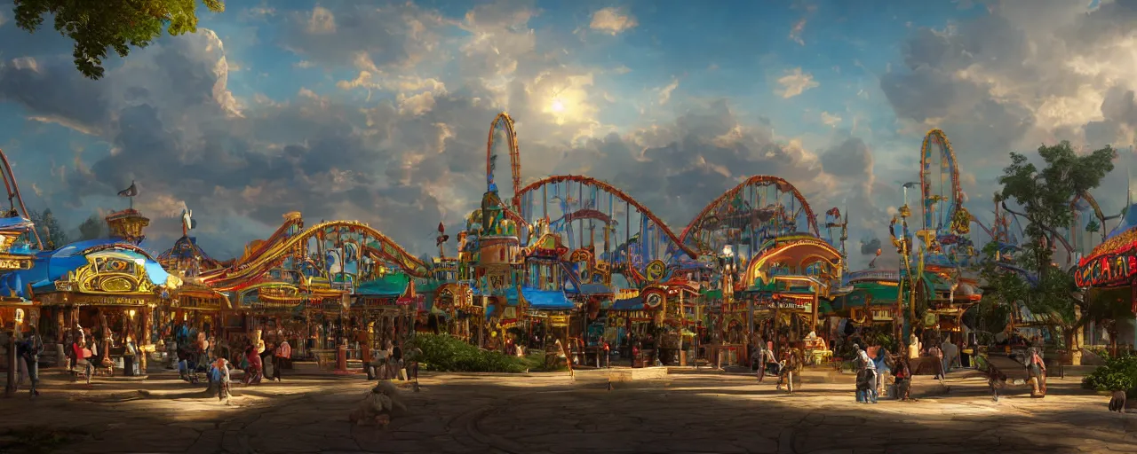 Prompt: amusement park, beautiful dynamic lighting, cinematic, wide angle establishing shot, extremely high detail, photo realistic, cinematic lighting, post processed, concept art, artstation, matte painting, style by frederic church, raphael lacoste, unreal engine 8k